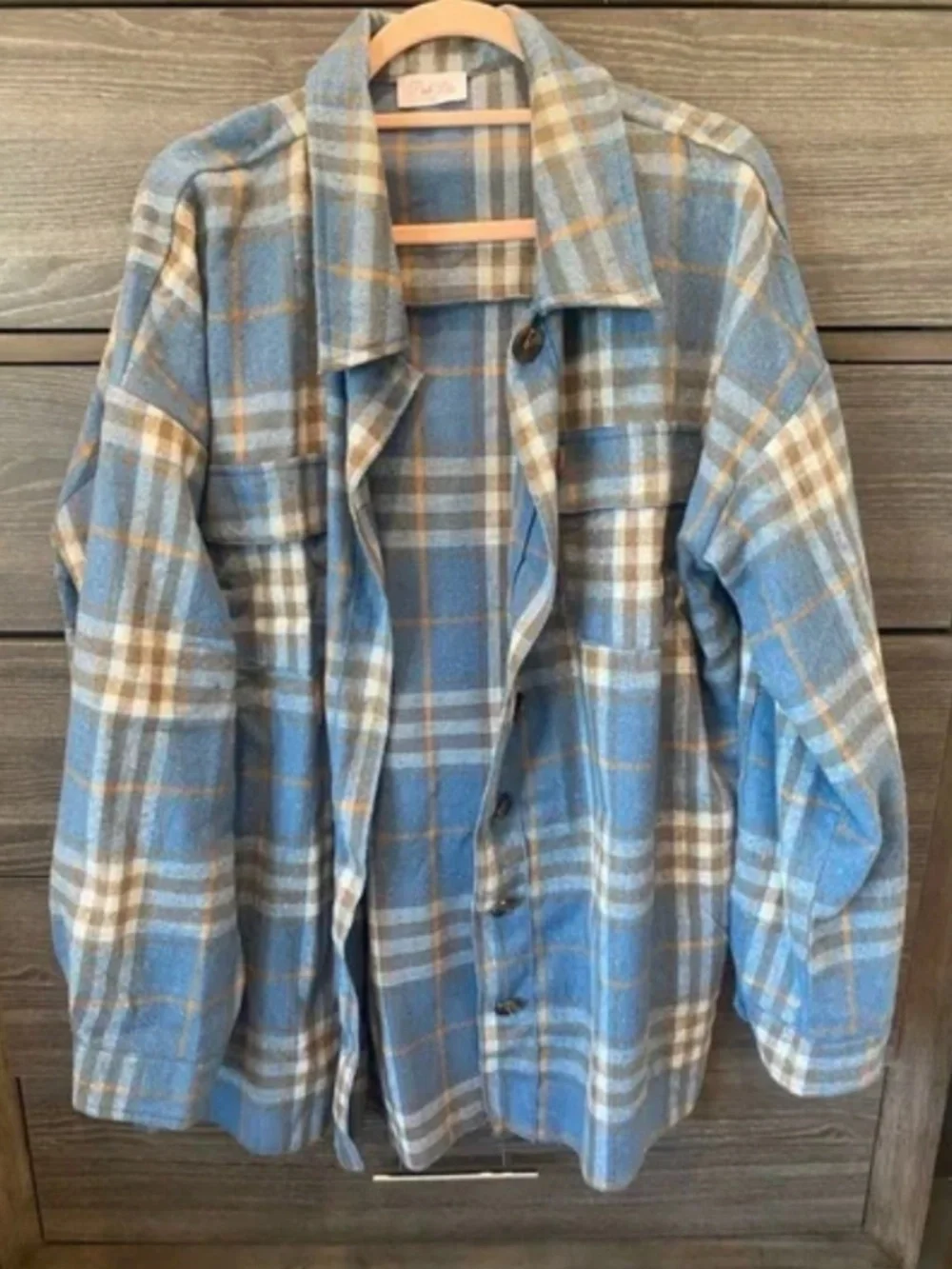 PINK LILY Blue Orange/Brown Plaid Shacket Size S - Picture 3 of 3